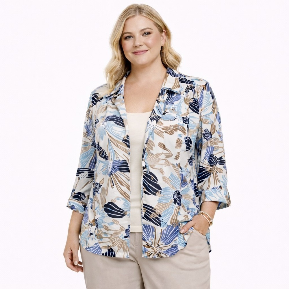 WESTBOUND Size 2X Collared Open Front Tropical Cotton Twill 3/4 Sleeve Shacket‎